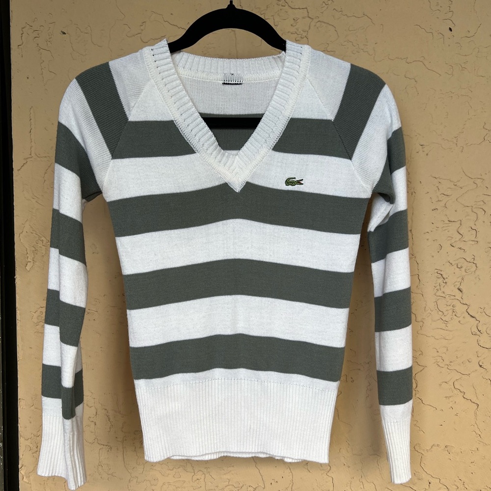 Lacoste Women's V-Neck Sweater - Green and White Stripes